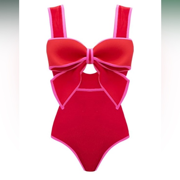 Amazon Other - FLAXMAKER Bow Front Cut Out Color Block One Piece Swimsuit Red Pink